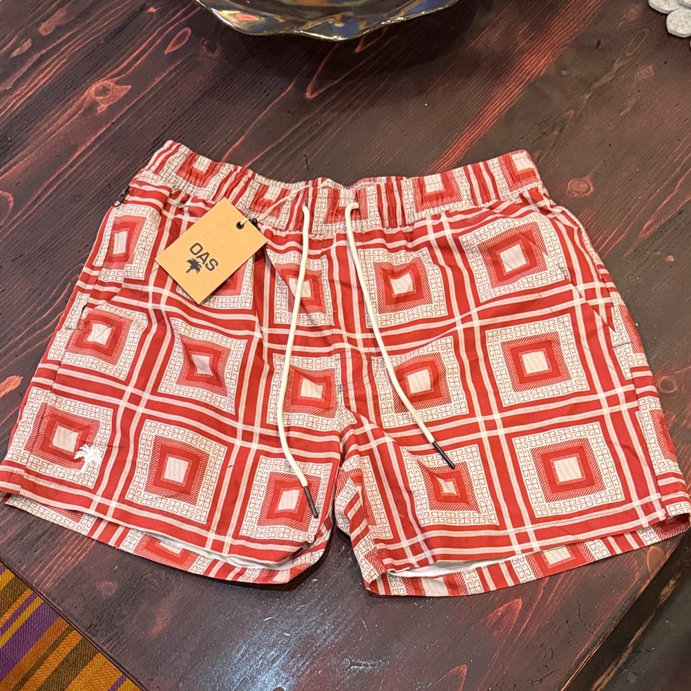 Red OAS Geometric Men's Swim Shorts in Medium